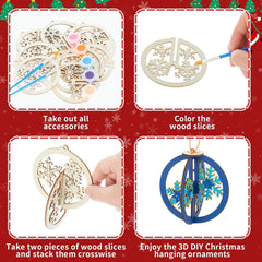 Cliths 36Pcs DIY Christmas Wooden Ornaments 3D Unfinished Wood Crafts to Paint Blank Snowflake Cutouts for Xmas Tree Hanging Decorations