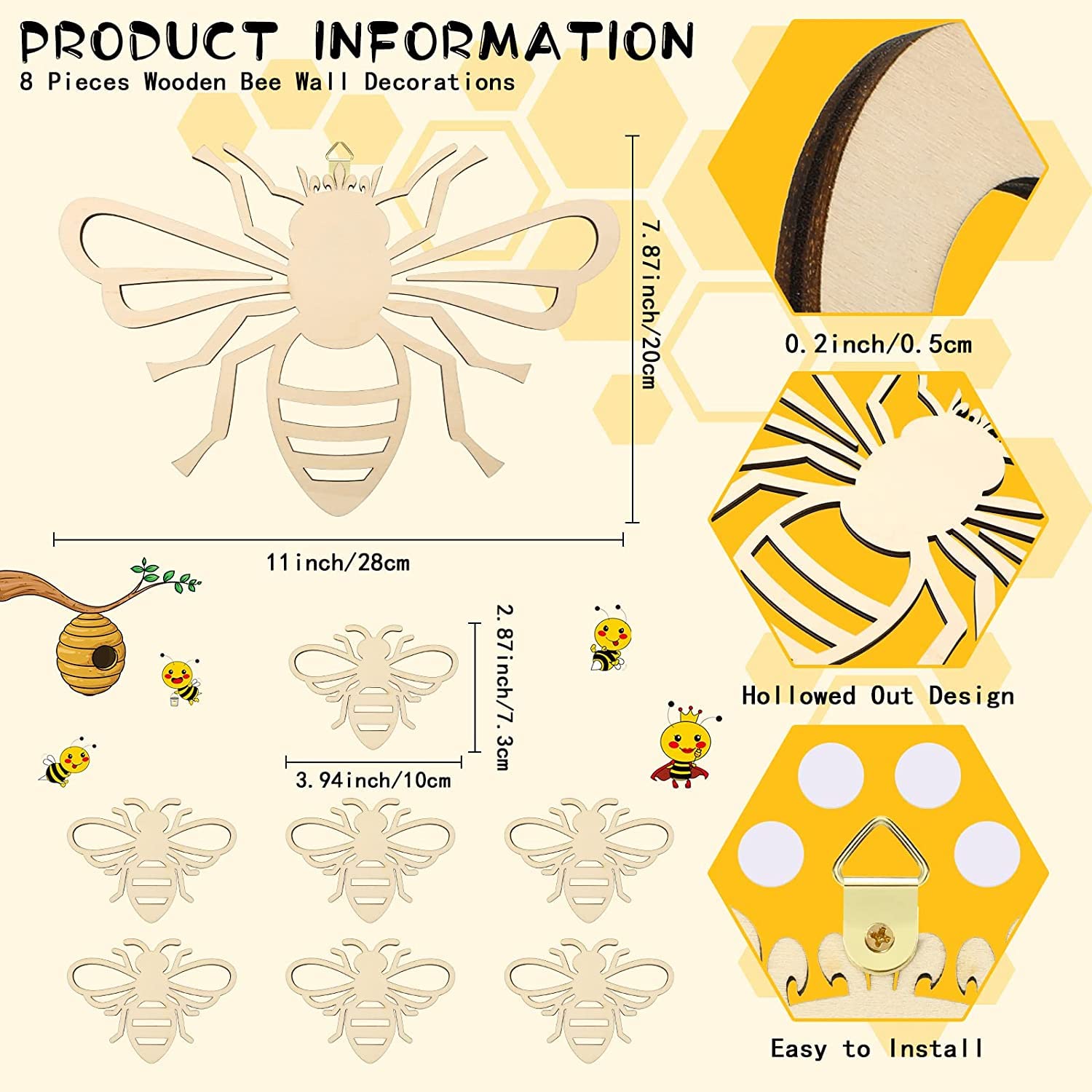 Wooden bee wall decorations with measurements and installation instructions on a white background.