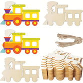 Wooden train shapes with colorful engine and neutral cars, accompanied by string and letter cutouts.