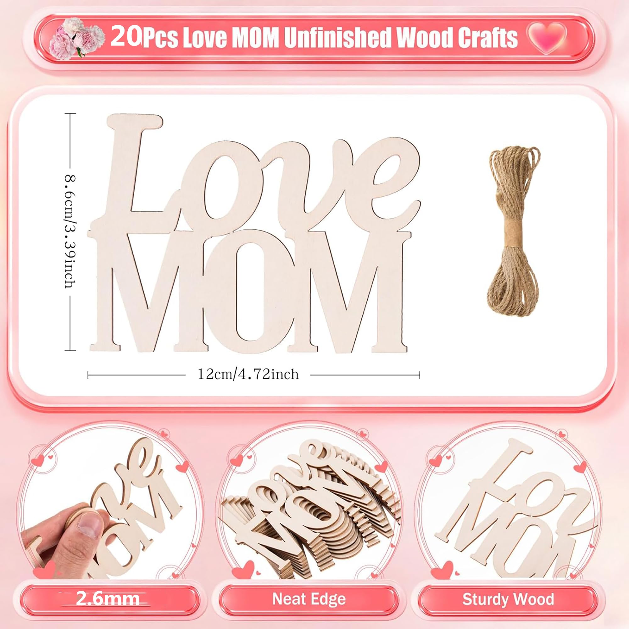 Unfinished wooden "Love Mom" shapes for Mother's Day crafts
