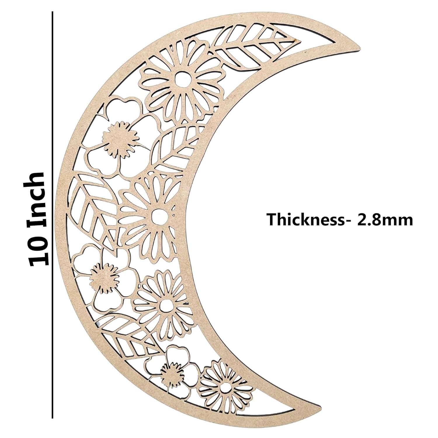 Decorative wooden moon shape with floral patterns and measurements on a white background