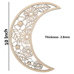 Decorative wooden moon shape with floral patterns and measurements on a white background
