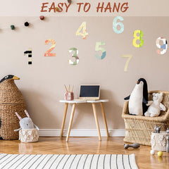 Colorful numbers on a wall in a child's room with toys and furniture.