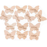 Butterfly-shaped milestone markers with text for baby's first year on a white background