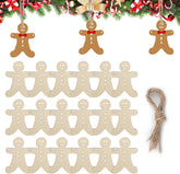 Set of wooden gingerbread man ornaments with a string for hanging against a Christmas tree background.
