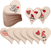 Stack of wooden heart-shaped cards with Valentine's Day designs on a white background