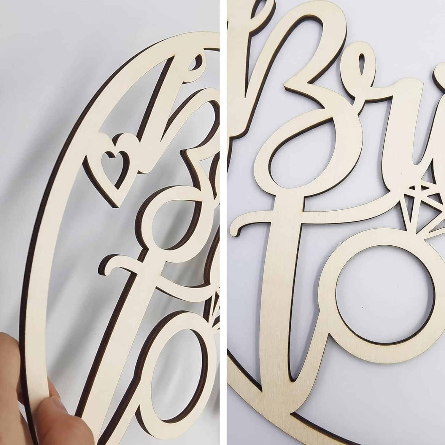 Wooden cutout of 'Mr. & Mrs.' with heart and ring design on a light gray background.