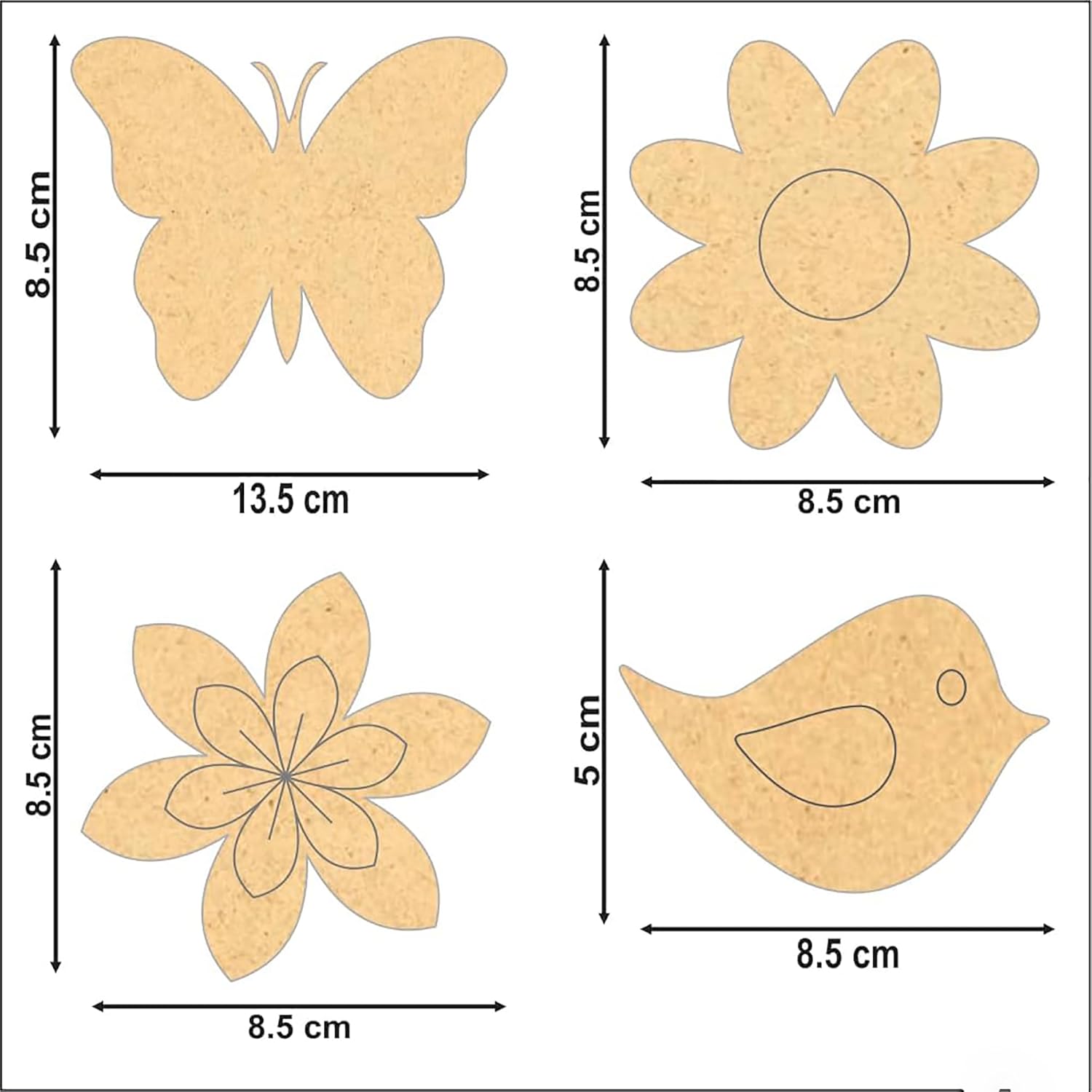 Set of wooden shapes with butterfly, flower, and bird designs and measurements.
