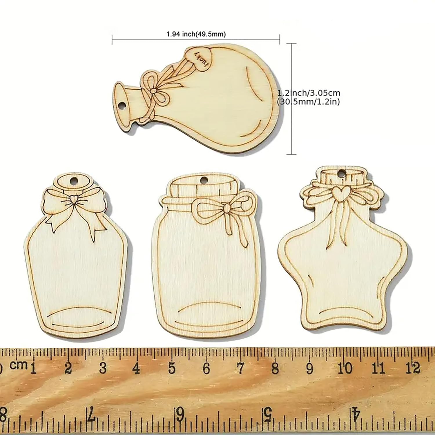 Wooden bottle-shaped ornaments with measurements on a white background