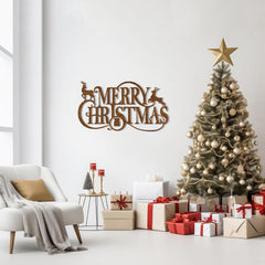 Decorated Christmas tree with presents and 'Merry Christmas' sign in a living room.