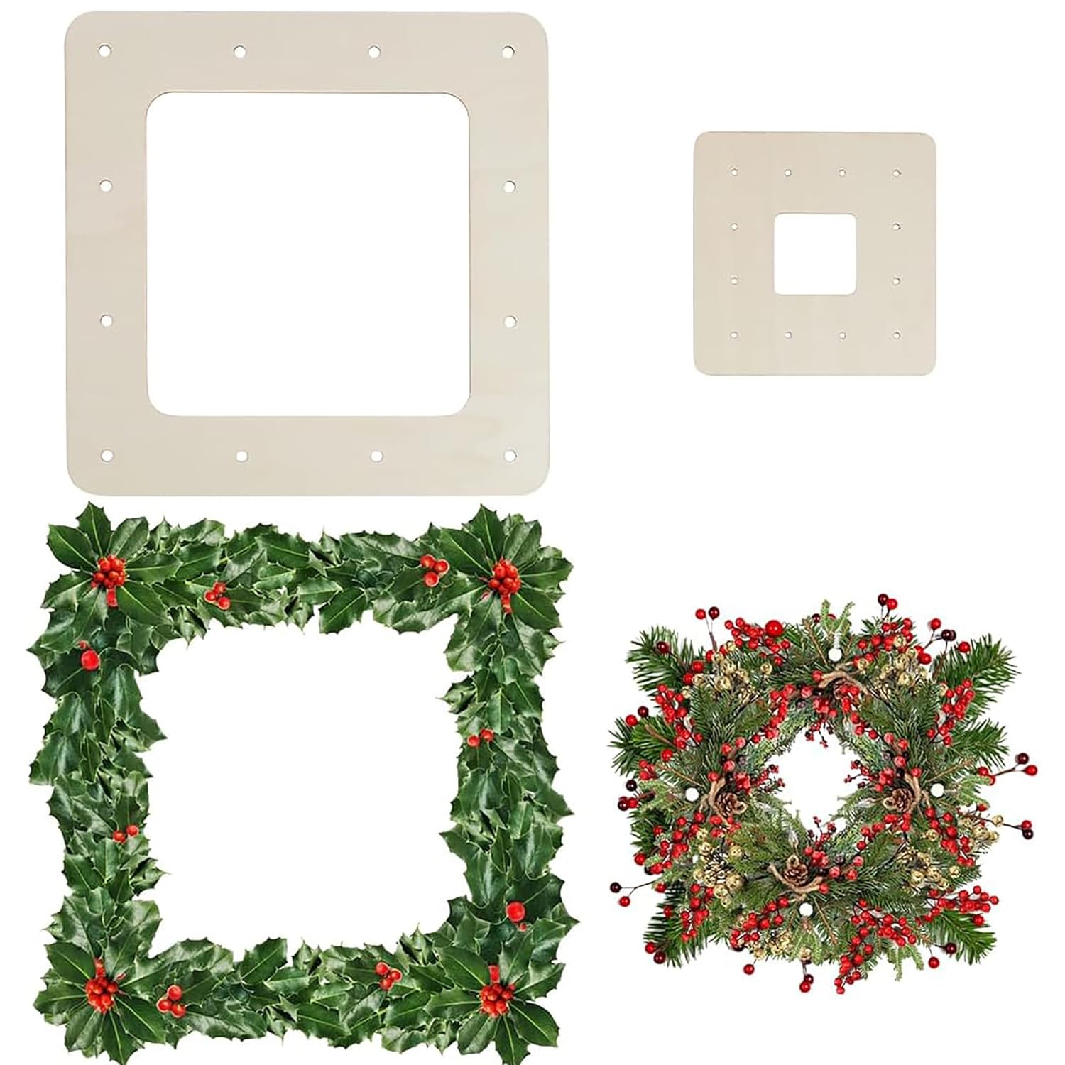 Two square wreath frames with holly leaves and berries on a white background