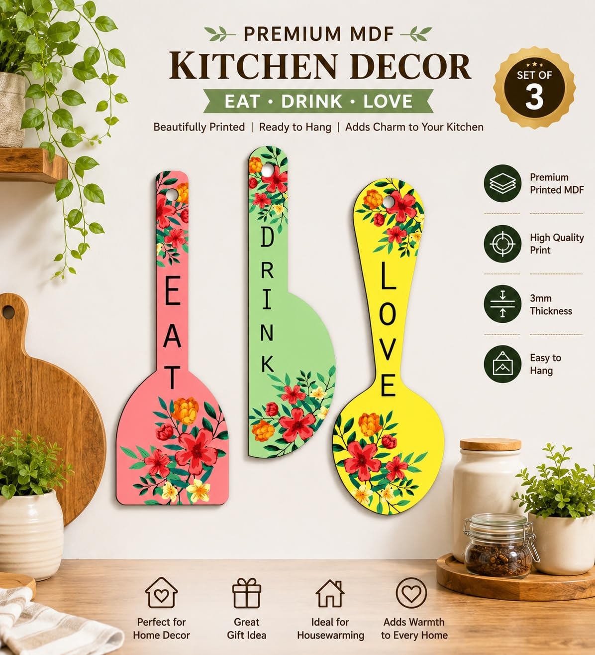 set of 3 kitchen wall hanging panels