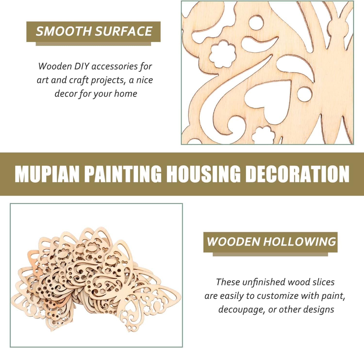 Wooden DIY accessories with decorative patterns for art and craft projects, featuring text on a white background.
