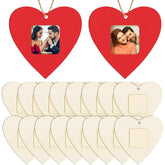 Red heart-shaped photo frames with pictures of a couple, followed by beige heart-shaped wooden tags.