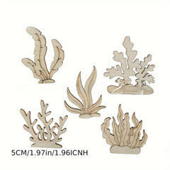 Set of five wooden coral and seaweed decorations on a white background