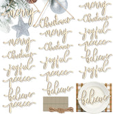 Set of Christmas-themed wooden cutouts with phrases like 'merry Christmas', 'joyful', 'peace', and 'believe' on a white background.