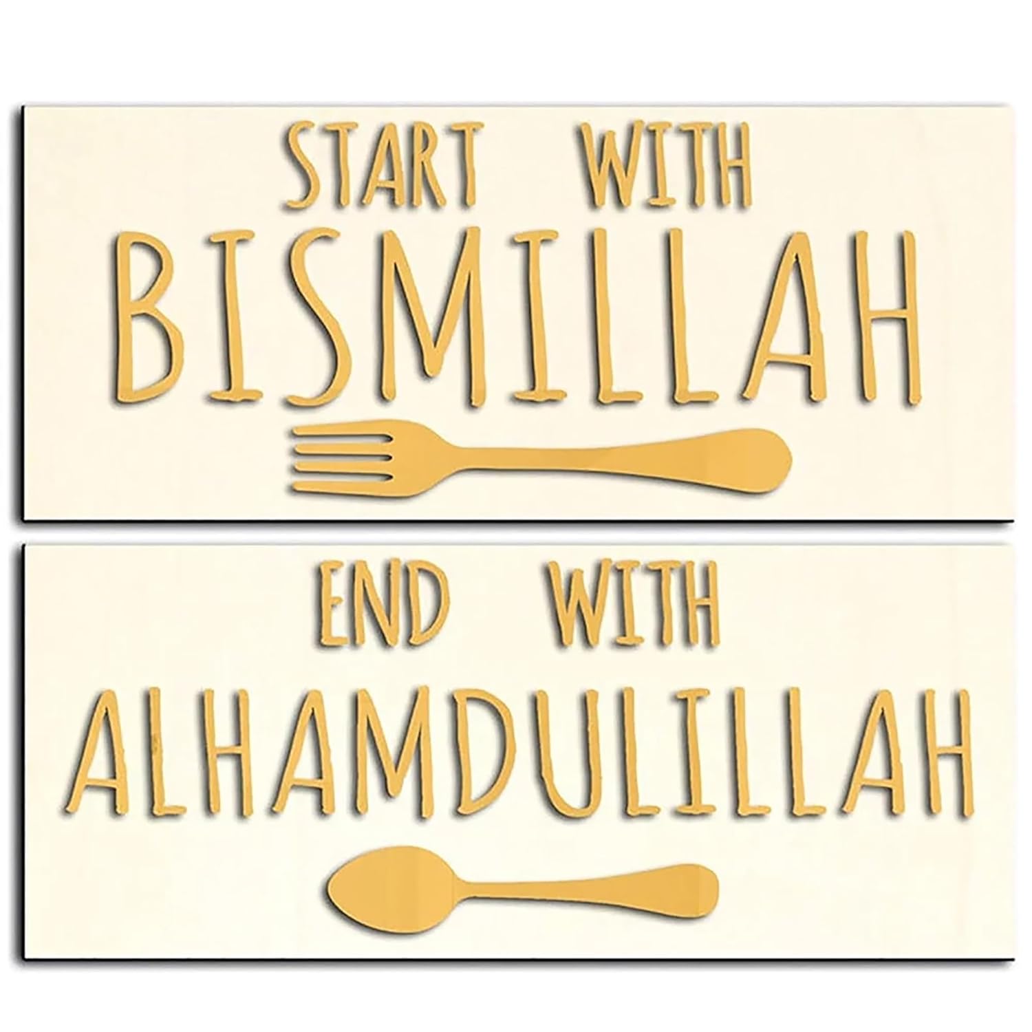 Two signs with text 'Start with Bismillah' and 'End with Alhamdulillah' on a beige background.