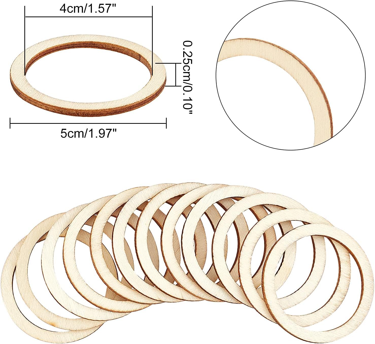 Wooden rings with measurements on a white background