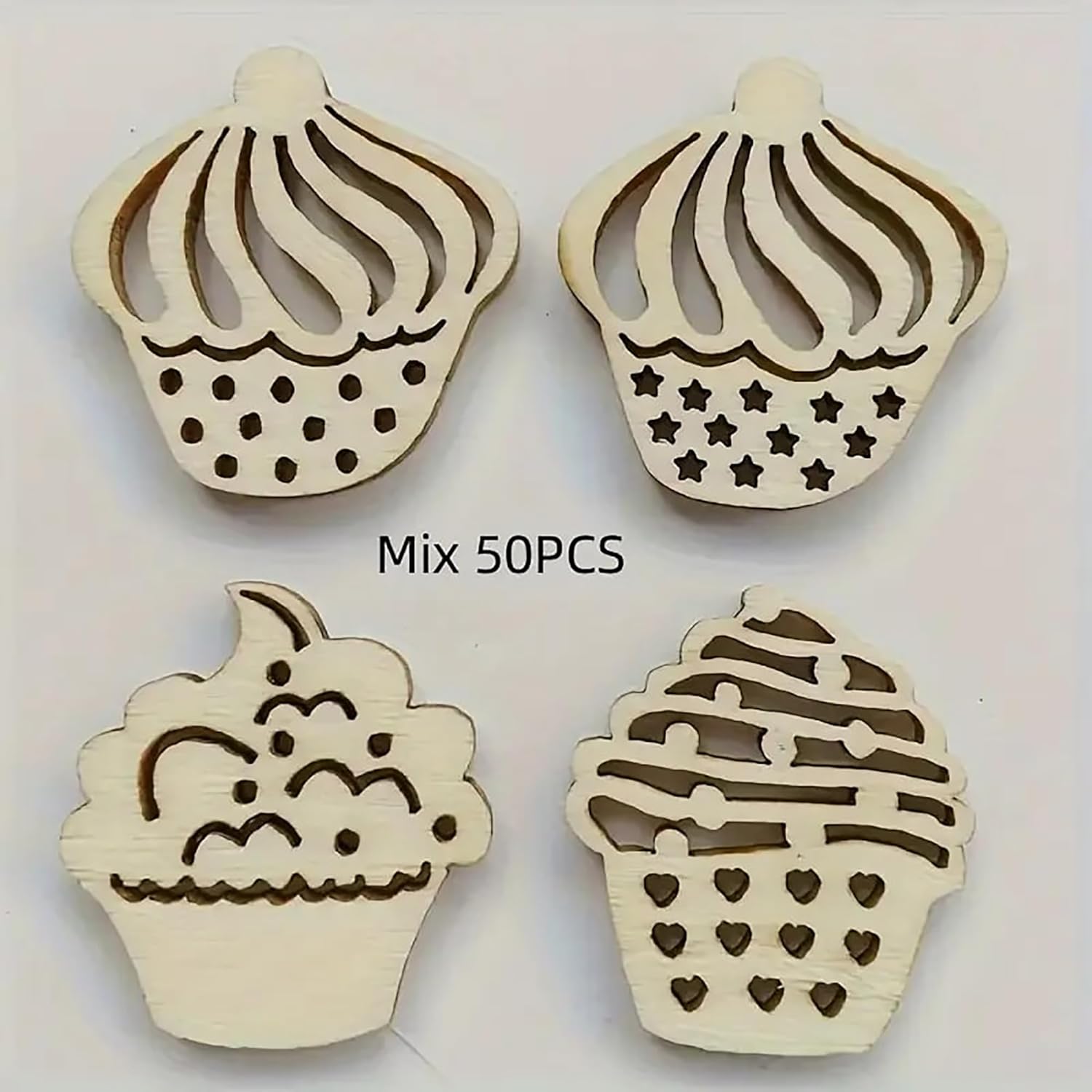 Four wooden cupcake-shaped cutouts with different patterns on a white background, labeled 'Mix 50PCS'.