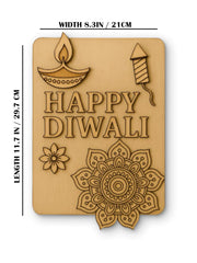 American Elm 1Pcs Happy Diwali Wooden Engraved Wall Art 29.7x21 cm MDF Festival Plaque with Diya Firecracker Mandala Design for Home Office Decoration Spiritual Gifting Hindu Festival Wall Hanging