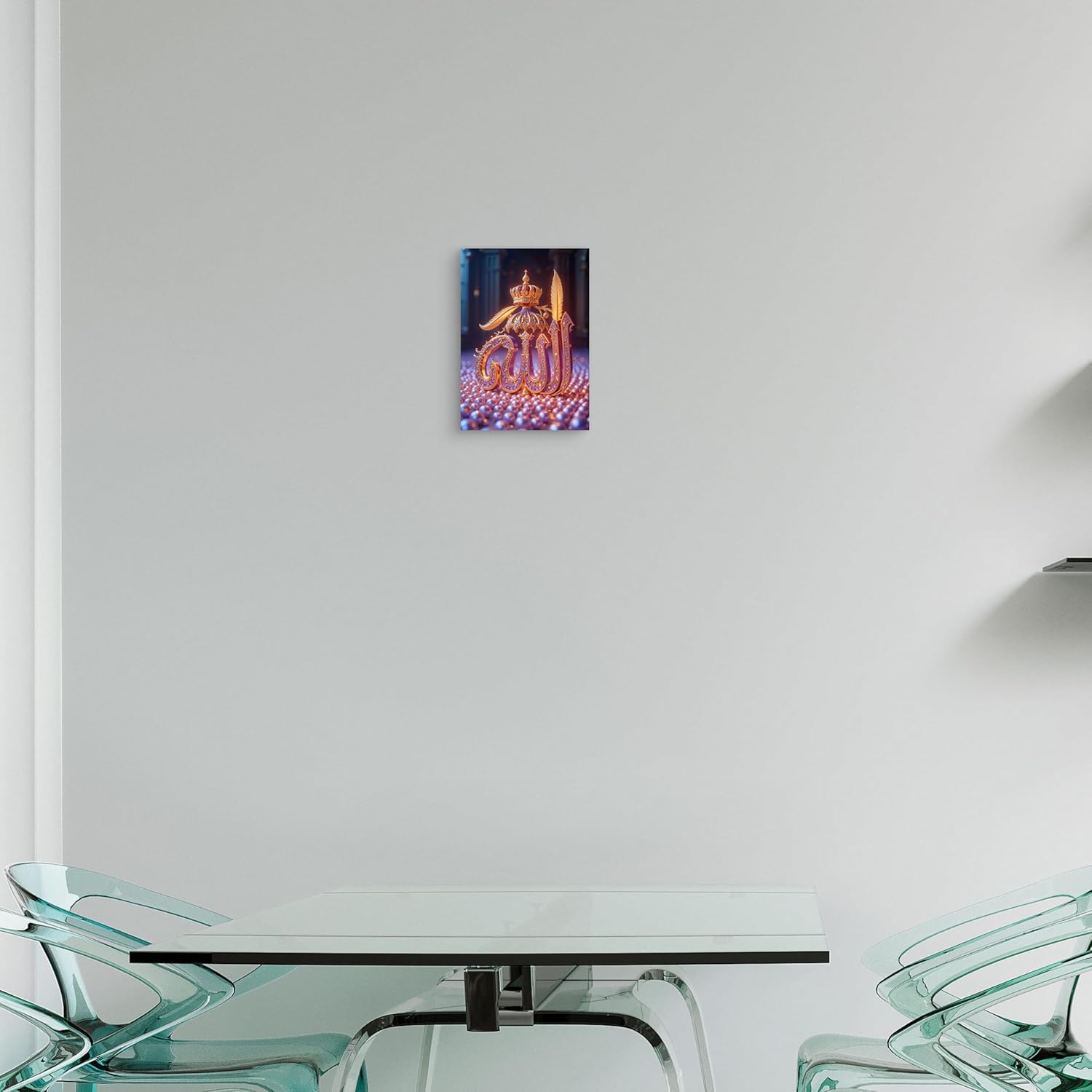 Modern glass dining table with chairs against a white wall featuring a colorful abstract painting.