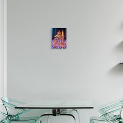 Modern glass dining table with chairs against a white wall featuring a colorful abstract painting.