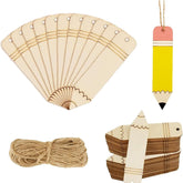 Set of wooden fan-shaped items, a pencil-shaped holder, and a bundle of twine on a white background.