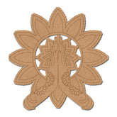 Brown paper cutout of praying hands with a floral design on a white background