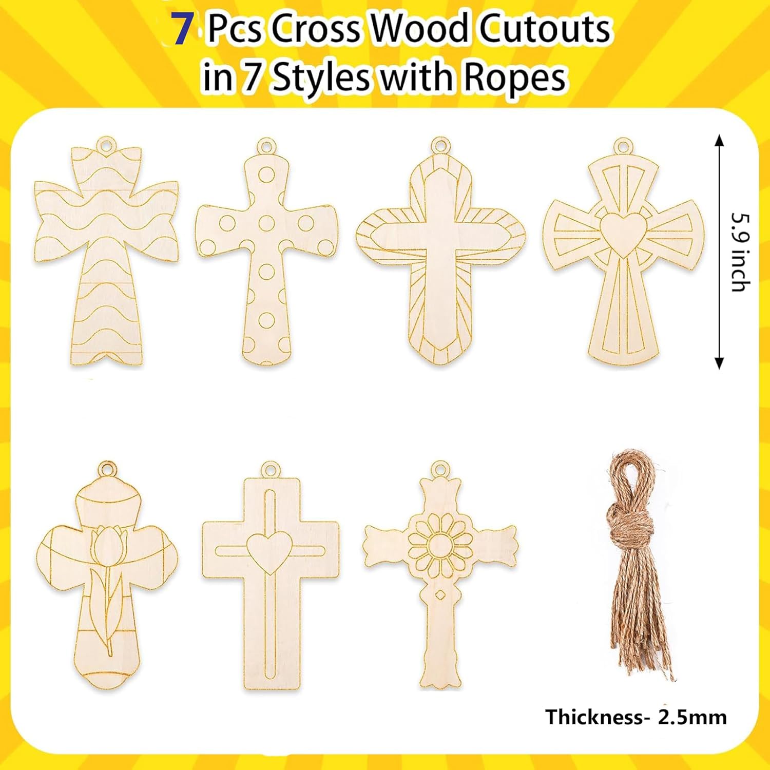 Set of 7 cross wood cutouts with ropes on a yellow background