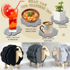 American Elm Set of 6 Grey Felt Coasters with Wool Sheep Stand Mixed Sizes All Cups Heat-Resistant Drink Pads