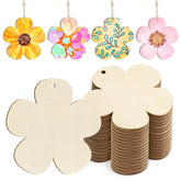Flower-shaped wooden cutouts with colorful floral designs on a white background