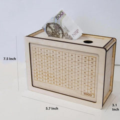 Wooden money counting machine with currency notes on a white background