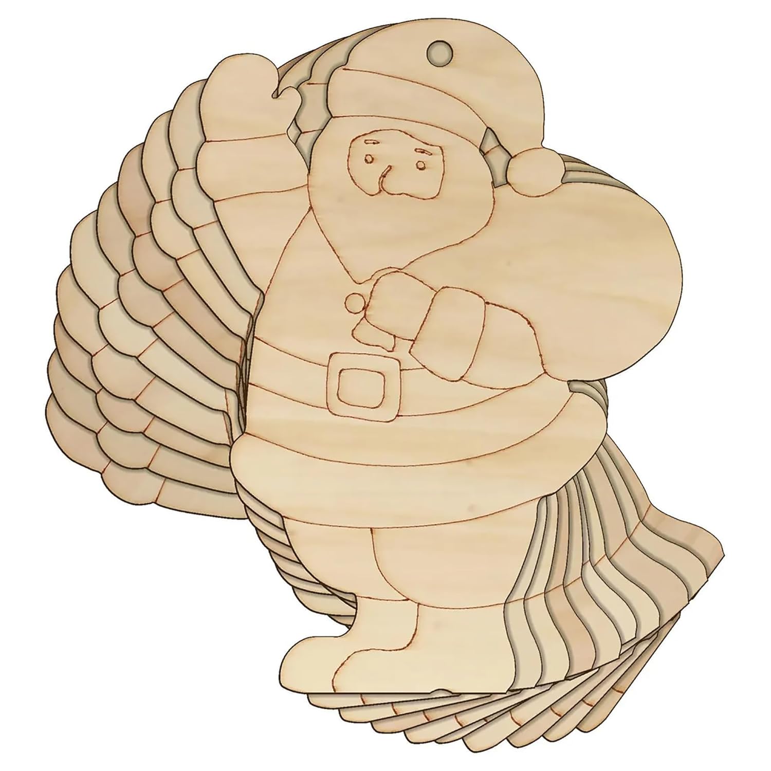 Wooden puzzle of a turkey wearing a Santa hat on a white background