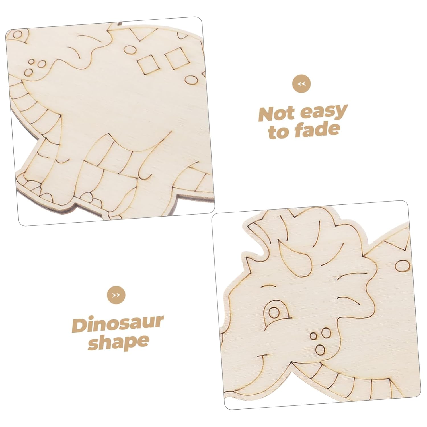 Two wooden dinosaur-shaped cutouts with 'Not easy to fade' text on a white background.