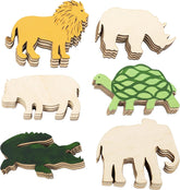 Set of wooden animal figures including a lion, rhino, hippo, turtle, crocodile, and elephant on a white background.