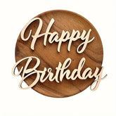 Wooden circular sign with 'Happy Birthday' text on a white background
