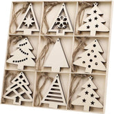 Set of wooden Christmas tree ornaments in a box