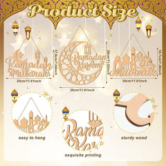 Decorative wooden cutouts with Ramadan designs and measurements on a gold background.