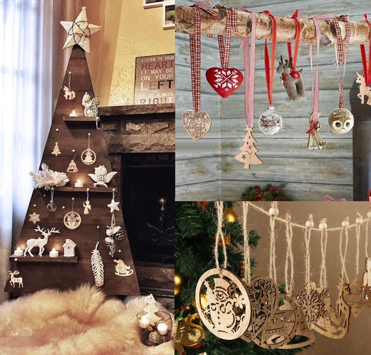 Collage of Christmas decorations including a wooden tree with ornaments, hanging ribbons with heart-shaped ornament, and string lights with decorative items.