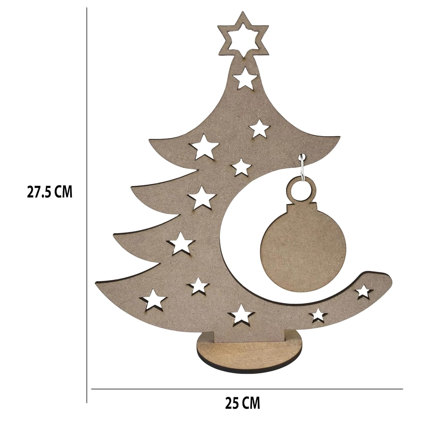 Wooden Christmas tree decoration with stars and a moon, shown with measurements on a white background.
