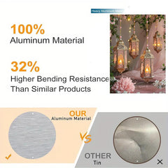 Product advertisement highlighting aluminum material and bending resistance with images of hanging lanterns and material comparison.