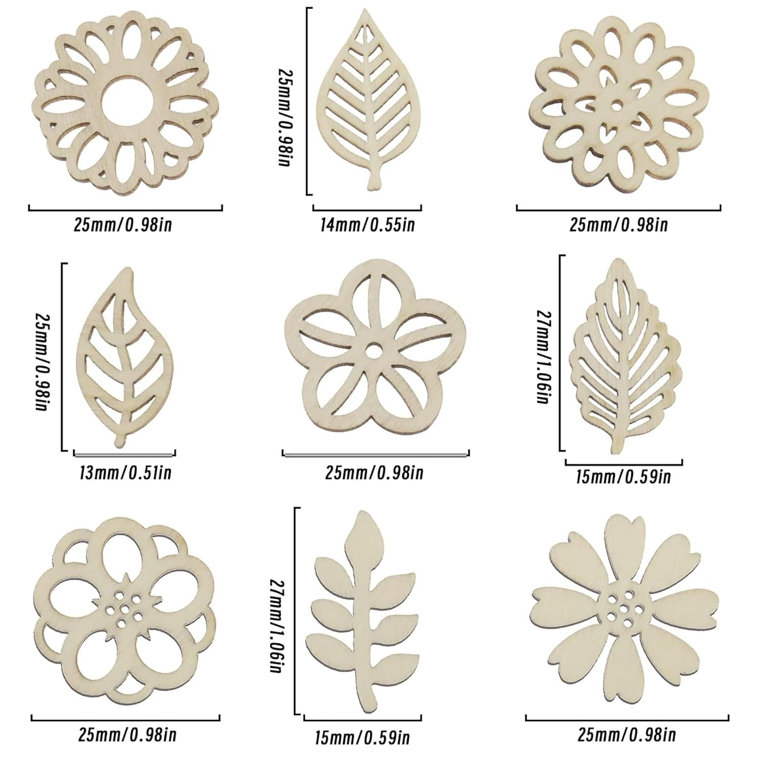 Set of decorative wooden shapes with measurements on a white background