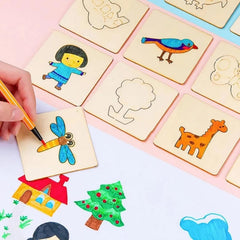 Children's educational game with wooden cards featuring drawings of a girl, bird, tree, dragonfly, giraffe, house, and tree.