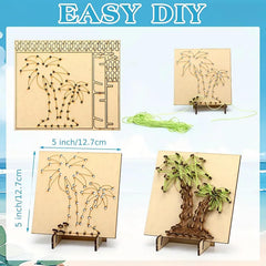 Wooden string art kits with palm tree designs and instructions on a blue background
