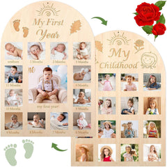 Wooden photo display with baby milestones and childhood memories