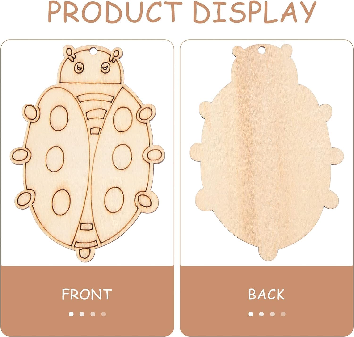 Wooden ladybug-shaped cutout with front and back views on a white background.