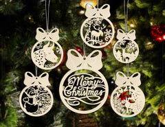 Decorative Christmas ornaments with reindeer and 'Merry Christmas' text on a tree.