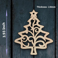 Wooden Christmas tree ornament with measurements on a dark background