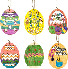 Colorful Easter-themed wooden ornaments on a white background
