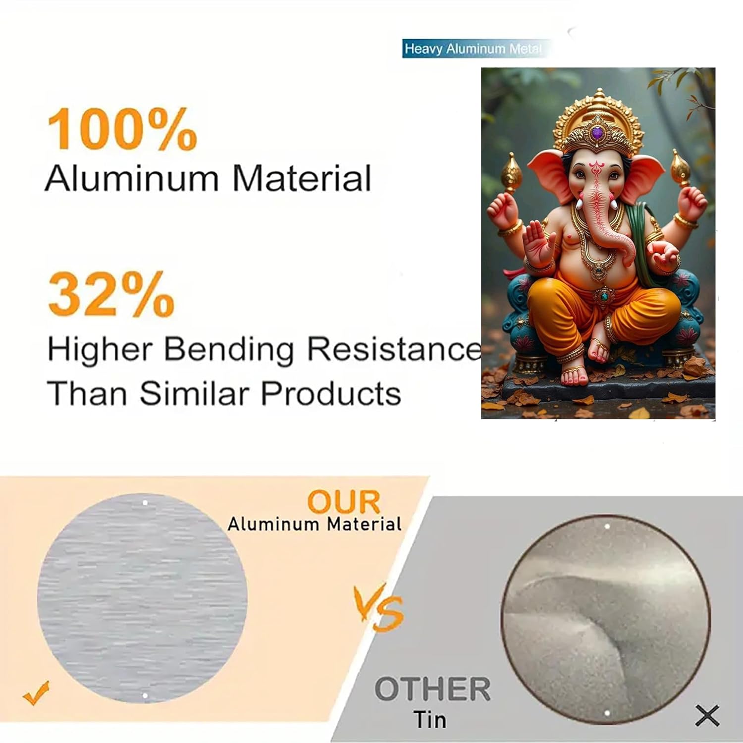 Statue of a deity with text about aluminum material and bending resistance, alongside comparative images.